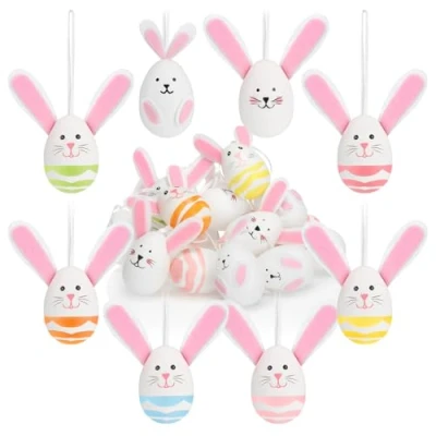 Abbildung von com four® 18x Ostereier zum Aufhängen 8 cm Osterdeko in Form eines Osterhasen Deko mit Hasenohren und Seidenband (gelb. grün. orange. weiß. lila)