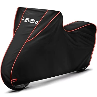 Abbildung von Favoto Verbesserte Version Motorradabdeckung Wasserdicht Motorrad Abdeckpane XXXL 300D mit Langen Reflektionsstreifen Schwarz Rot 265cmx105cmx125cm