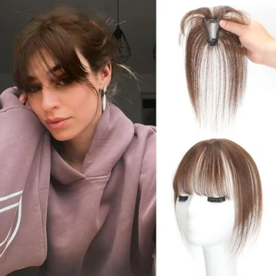 Abbildung von 360 Abdeckung zum Anklippen, 3D Pony, für Damen, Clip In 100 % Echthaar, künstlicher Luft Pony den täglichen Gebrauch (Mittelbraun, Wispy Pony)