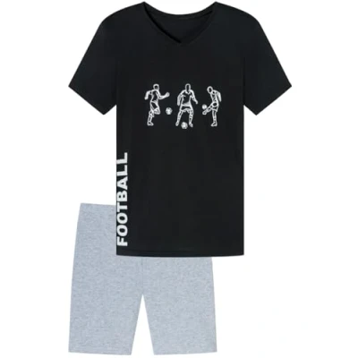 Abbildung von Jungen Schlafanzug kurz, weicher Single Jersey aus 100% Baumwolle und Hose in Bermuda Form mit Fussball Motiv Three Players, schwarz Grösse 152