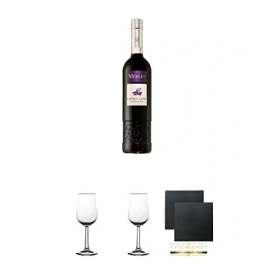 Abbildung von Merlet Creme de Cassis 0,7 Liter + 2 Bugatti Nosing Gläser mit Eichstrich 2cl und 4cl Schiefer Glasuntersetzer eckig ca. 9,5 cm Ø