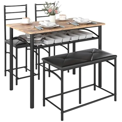Abbildung von HOMCOM 4 TLG. Essgruppe, Esstisch mit 2 Stühlen, Bank, Platzsparende Esszimmergruppe, Set für kleine Räume, Küche, Esszimmer, Braun