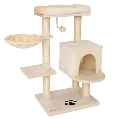 Abbildung von lionto Kratzbaum für Katzen mit Plüschball inkl. Glöckchen &amp; Wandhalterung, Höhe 93 cm, Katzenbaum Sisal Plüsch, gemütliche Liegefläche Höhlen, kleine große geeignet, beige