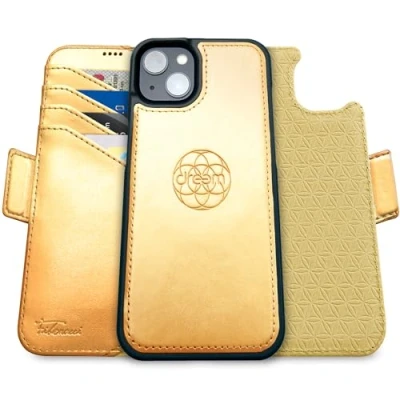 Abbildung von Dreem Fibonacci kompatibel mit iPhone 15 Plus Brieftaschen Etui / 2 in 1 stoßfestes und abnehmbares Folio aus veganem Leder, MagSafe kompatibel, RFID Schutz [Gold]