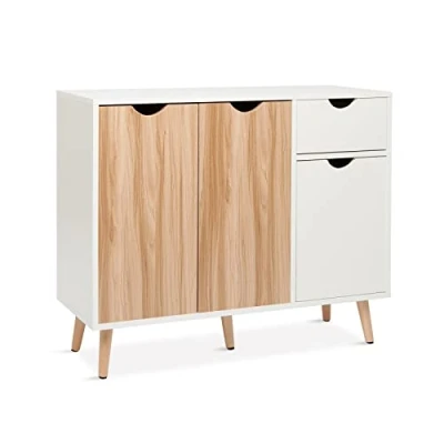 Abbildung von Mondeer Kommode, Sideboard Holz mit 1 Schubladen und 3 Türen für Wohnzimmer Schlafzimmer Flur, Weiß Natur 90 x 30 73 cm