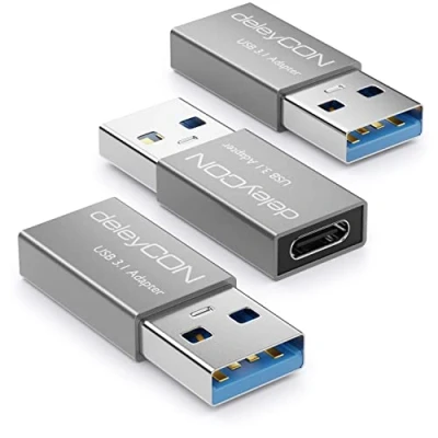 Abbildung von deleyCON USB C auf Adapter [3 Stück] Buchse A Stecker 3.1 5Gbit/s für PC Computer Laptop Notebook Aluminium Silber