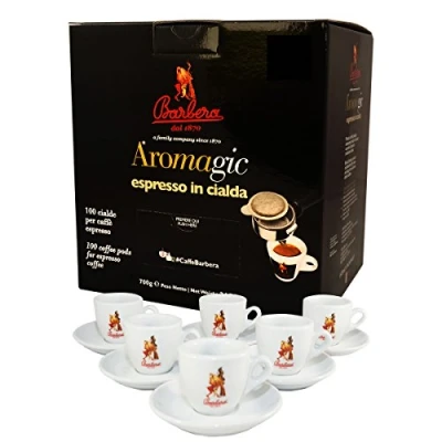 Abbildung von Caffè Barbera Aromagic 100 biologisch abbaubare Pads ESE System Gemahlene Kaffeemischung Intensiv + Premium Tassenset