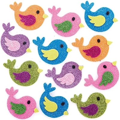 Abbildung von Baker Ross FC716 Glitzer Vogel Moosgummi Sticker 100 Stück, Großpackung Glitter Schaumstoff Aufkleber für Kinder zum Basteln, Gestalten und Dekorieren