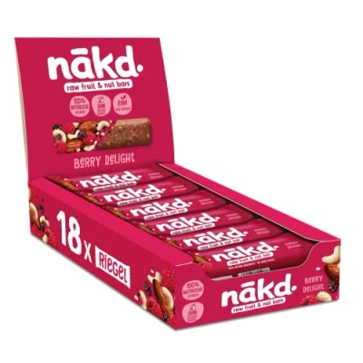 Abbildung von Nākd. Berry Delight Kaltgepresste Riegel aus Früchten &amp; Nüssen 100% Natürliche Zutaten Ohne Zusatz von Zucker Vegan Glutenfrei Milch 18 x 35g 630g