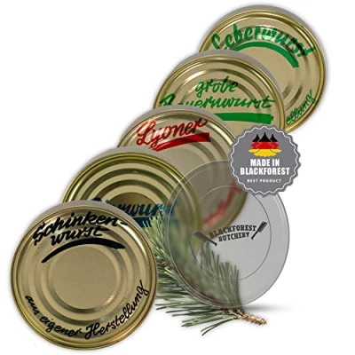 Abbildung von Schwarzwald Metzgerei: 5x Dosen Wurstspezialitäten im Set mit Frischedeckel 400g Wurstkonserven Lyoner, Leberwurst, Schinkenwurst, Bierwurst und grobe Bauernwurst 1 Jahr MHD lange haltbar