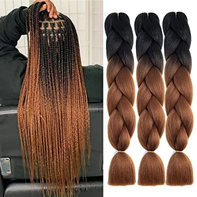 Abbildung von Shangxiu Jumbo Braids Extensions, 3Stück Kanekalon Haar Kunsthaar zum einflechten Braun Ombre Braiding hair Extension für Zöpfe Box Braid (Schwarz/Dunkelbraun)