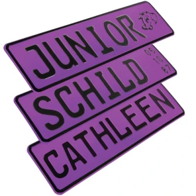 Abbildung von 1 Stück Kennzeichen Junior Schild 34cm x 9cm Bohrung Farbwahl Wunschtext Wunschprägung Muster Datum Namenskennzeichen / Saugnäpfen Namensschild Bobbycar Kettcar FUN in Lila
