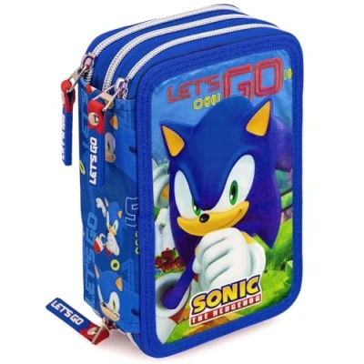 Abbildung von 3 Fach Federmäppchen für Sonic Fan 45 teilig, komplett gefüllt mit 2 löschbaren Gelstiften, Schere, Kleber, Buntstiften Blau ideal Schule &amp; als Geschenk Clondo