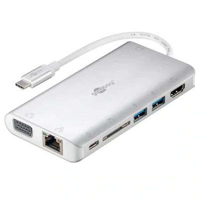 Abbildung von Goobay 49850 USB C Hub Multiport Verteiler 9 Ports HDMI/VGA/USB PD / 2X 3.0 RJ45 3,5 mm Audio/SD &amp; microSD Kartenleser/Aluminium