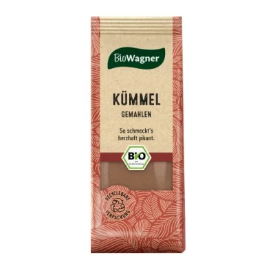Abbildung von BioWagner Bio Kümmel gemahlen passt zu deftigen Gerichten naturbelassene Zutaten recyclebare Verpackung 40 g