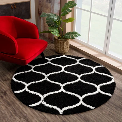 Abbildung von SANAT Madrid Shaggy Teppich Rund Hochflor Teppiche für Wohnzimmer, Schlafzimmer, Küche Schwarz, Größe: 120 cm