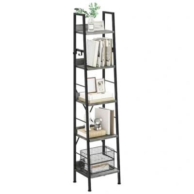 Abbildung von YITAHOME Bücherregal mit 5 Ebenen, industrielles Leiterregal, freistehendes Bücherregale, Holzregale und Metallrahmen, Bücherregal, modernes Regal für Wohnzimmer, Flur, Büro, Graues Standregal