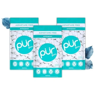 Abbildung von PUR Gum Zuckerfreier Kaugummi 100% Xylit Vegan, Aspartamfrei &amp; Glutenfrei Natürlicher Mit Wintergreen Geschmack, 55 Stück (3er Pack)