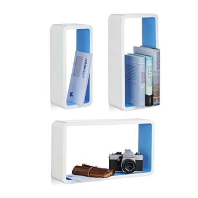 Abbildung von Relaxdays Schweberegal Set 3 teilig, belastbares Wandregal m. unsichtbarer Befestigung, vielseitige Ablagen, weiß blau
