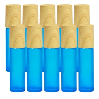 Abbildung von Enenes Ätherische Öle Roller Flaschen 10 Stück 10ml Anti UV Schwarzglasflaschen mit Holzdeckel &amp; Edelstahl Ball Öle(Blau)