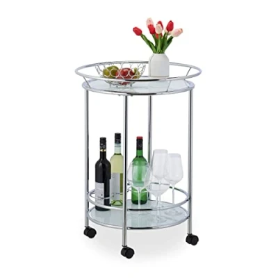 Abbildung von Relaxdays Servierwagen, Rollen, 2 Etagen, Flaschenhalter, Glas &amp; Chrom, HxD 77x56 cm, runder Küchenwagen, Silber/weiß