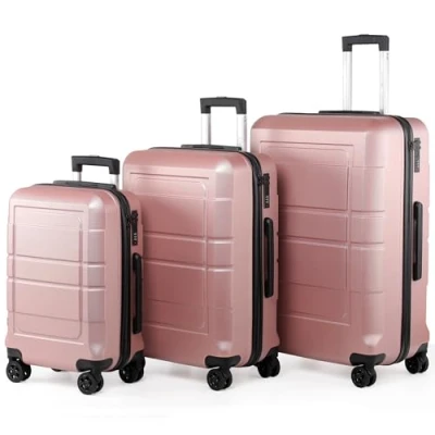 Abbildung von TANTOMI Kofferset 3 Teilig Hartschale aus ABS+PC Reisekoffer Set mit 4 Drehbaren Rollen (360), Gepäck Sets Aluminium Teleskopstange und Stelige Zahlenschloss (Luggage Set, Rosa Gold)