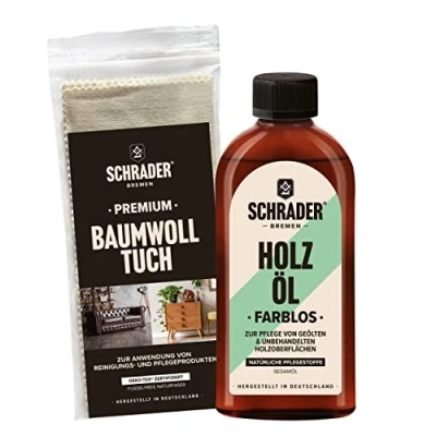 Abbildung von Schrader Holzöl Holz Öl + Baumwolltuch zweiteiliges Set, für geölten oder noch unbehandelten Holzoberflächen Made in Germany