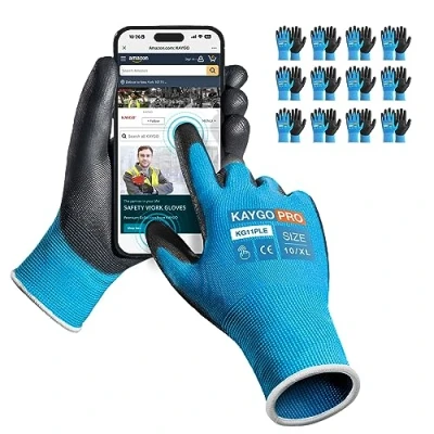 Abbildung von KAYGO 12 Paar Arbeitshandschuhe Touchscreen PU beschichtet Schutzhandschuhe, antirutsch Griff an Handflächen und Fingern, Geeignet für DIY allgemeine Arbeit Gartenarbeit (Blau, XL, Gr 10)