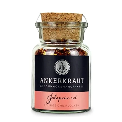 Abbildung von Ankerkraut Rote Jalapeño, Rotes Scharfes Chili Gewürz, geschrotete Chilis, Rauchiges Aroma, Scharf Essen, Feurige Flocken zum Würzen, 55 g im Korkenglas