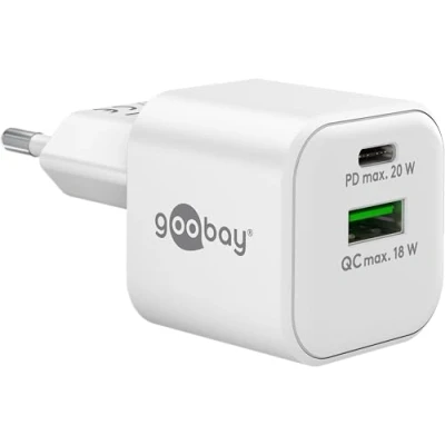 Abbildung von goobay 65865 USB C Dual Schnellladegerät Nano PD (20W) / QC A (18W) Ladegerät für Samsung, iPhone, iPad, MacBook/Ladestecker/Ladeadapter Steckdose/Netzteil Ladekabel/weiß