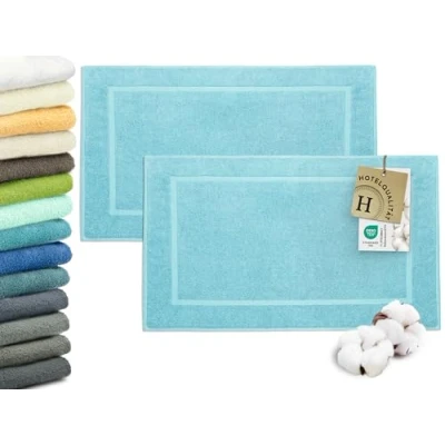 Abbildung von ZOLLNER 2er Set Badematten in 50x80 cm besonders saugstarke und weiche Badvorleger blau mit Tiefgangstreifen Webrahmen Versehen Baumwolle Hotelqualität