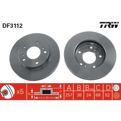 Abbildung von TRW DF3112 Bremsscheibe 257 26 5 114 Belüftet lackiert NISSAN: Serena