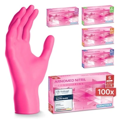 Abbildung von ARNOMED Einweghandschuhe Pink mit 100 Stück/Box, Einmalhandschuhe S, Nitrilhandschuhe, Handschuhe Einweg puderfrei, latexfreie Gummihandschuhe, in XS, M, L &amp; XL verfügbar