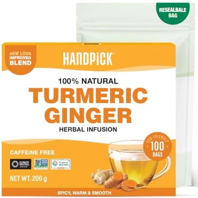 Abbildung von HANDPICK Kurkuma Ingwer Kräutertee 100 Umweltfreundliche Teebeutel Koffeinfrei &amp; Glutenfrei Aus 100% Reiner Ingwerwurzel Würziger Geschmack Vakuumversiegelt für Frische