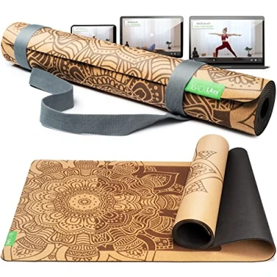 Abbildung von BACKLAxx® Yogamatte Kork mit Naturkautschuk (Kork, 2teilig GRATIS Videokurs), 4 mm stark, aus natürlichen Rohstoffen, Antirutschzonen