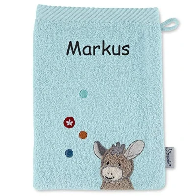Abbildung von Sterntaler Emmi Baby Kinder Waschhandschuh bestickt mit Namen, Waschlappen personalisiert zur Geburt, Taufe oder als Geschenk zum Geburtstag, Junge Blau