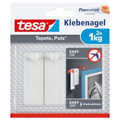 Abbildung von tesa Klebehaken POWERSTRIPS Klebenagel mit max. 1 kg Haltekraft für Bilder, Dekoration, Leinwände, Lichterketten, Girlanden, (Spar Set, 2 St., inkl. Powerstrips), Doppelseitig Tapete &amp; Putz 2er Pack
