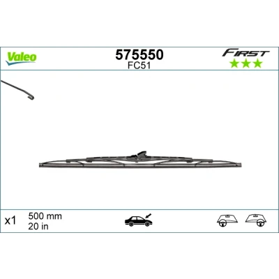 Abbildung von Scheibenwischer Valeo First 575550 500mm Standard Hakenbefestigung RENAULT: MEGANE 1 Cabriolet, Coach, Trafic I Bus