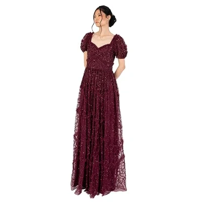 Abbildung von Maya Deluxe Damen Womens Maxi Dress Ladies Embellished Frilly Sweetheart Neckline Short Sleeve for Wedding Guest Bridesmaid Prom Ball Gown Kleid, Wine, 42