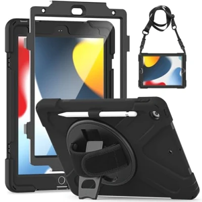 Abbildung von Gerutek Hülle für iPad 9. /8. / 7. Generation, Stoßfeste mit Displayschutzfolie, Drehbarer Ständer Handschlaufe Schultergurt Stifthalter,Panzerhülle 10.2 Zoll 2021/2020/2019,Schwarz