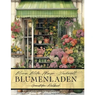 Abbildung von Blumen Blüten Pflanzen: Wunderwelt Blumenladen Graustufen Malbuch: Greyscale Coloring Book für Erwachsene und Jugendliche