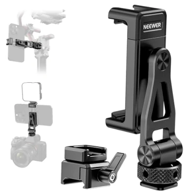 Abbildung von Neewer Metall Telefon Stativhalterung mit Kaltschuh Halterung und NATO Klemme für DJI RS4 RS3 Pro RS2 RSC2 Gimbal Stabilisator, 180 neigbare Telefonklemme, Clip Halterung, kompatibel iPhone 16