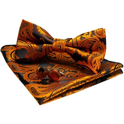 Abbildung von JEMYGINS Paisley Gold Fliege und Einstecktuch mit Manschettenknöpfe Sets für Herren (11)