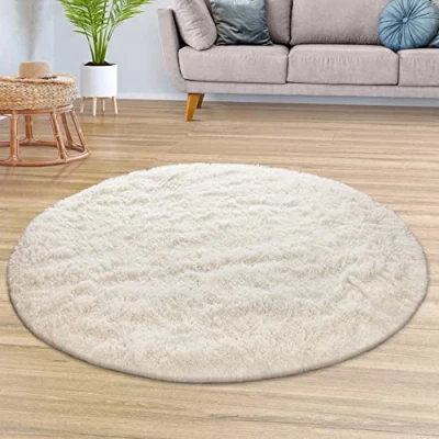Abbildung von TT Home Teppich Wohnzimmer Hochflor Langflor Weich Soft Modernes Einfarbiges Design, Farbe: Hellbeige Creme, Größe:120 cm Rund