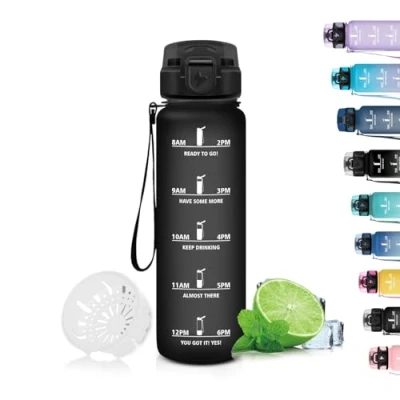 Abbildung von Grsta Trinkflasche, 500ml Trinkflasche Kinder, Auslaufsicher mit Filter, Zeitmarkierung, Leicht zu Reinigen, Sport für Schule, Fahrrad, Gym, Camping, Black