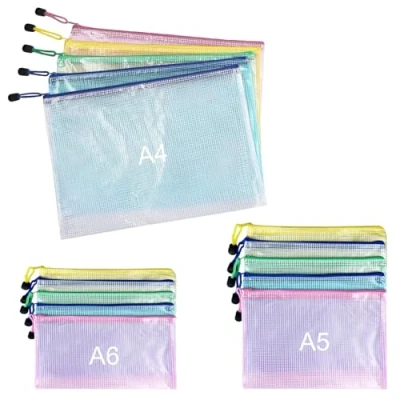 Abbildung von Nutabevr 15 Stück 5 Farben Bunte wasserdichte Dokumententasche (A4+A5+A6), Transparente Mesh Beutel mit Reißverschluss, für Büros Dokumententasche, Schule, Quittungen, Reiseutensilien, Kosmetika