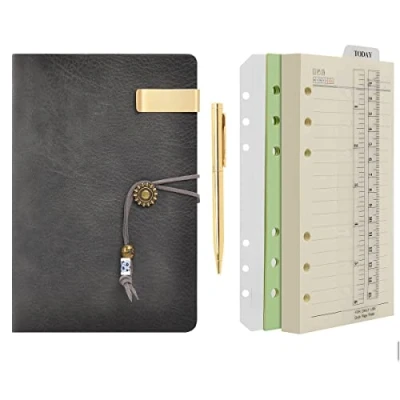Abbildung von Wonderpool Leder A6 Tagebuch Notizbuch Ringbuch mit Stift Nachfüllbarer Ordner Schreibpapier Spirale Business Notizblöcken Vintage Einband für Büro Plan Reisen Persönlicher Organizer (a Grau,A6)