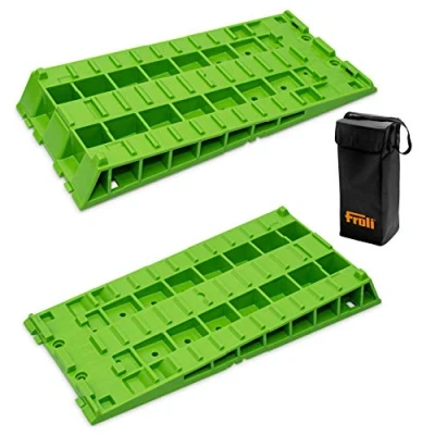 Abbildung von Froli Auffahrkeil für Wohnmobil, Wohnwagen, Reisemobil und Camper, Ausgleichskeile Set, 2x Kompaktkeil, 1x Keil Tasche, stapelbar, bis 3700 kg (Green Edition, 95% Biokunststoff)