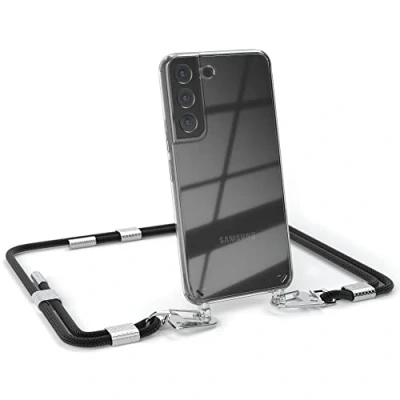 Abbildung von EAZY CASE kombinierbare Handyketten kompatibel mit Samsung Galaxy S22 5G, Transparente Silikon Hülle stylischen rundem Umhängeband, Abnehmbarer Karabiner, Umhängetasche, Schwarz Clips Silber