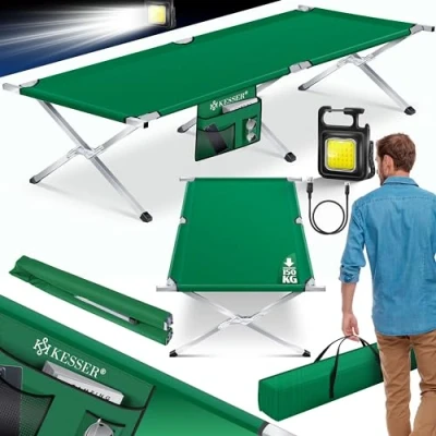 Abbildung von KESSER® Campingbett Klappbett mit Tragetasche, Seitentasche &amp; Campinglicht Stabiles Feldbett 190x73x45cm bis 150 kg Belastbar Metallrohr 600D Oxfordgewebe Tragbar Liege Reise Bequem Grün